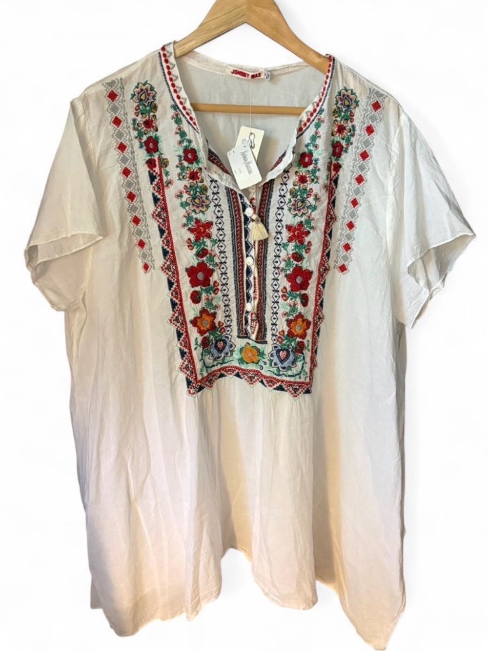 Johnny Was Embroidered V-Neck Boho Tunic Top - White with Multicolor